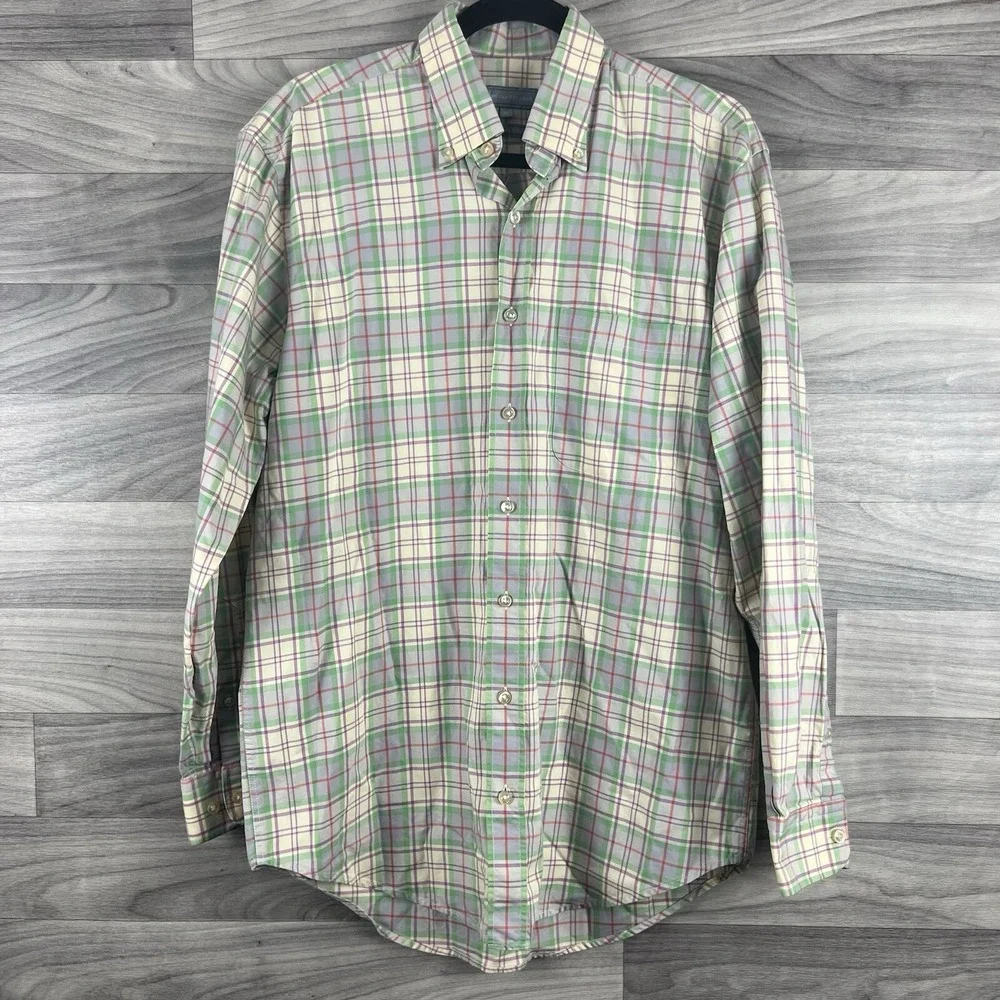 Hickey Freeman Button Down Shirt Mens M Beige Tan Green Plaid Check Dress Casual